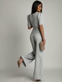 Elegant set of short blouse and wide pants, gray AZR243041